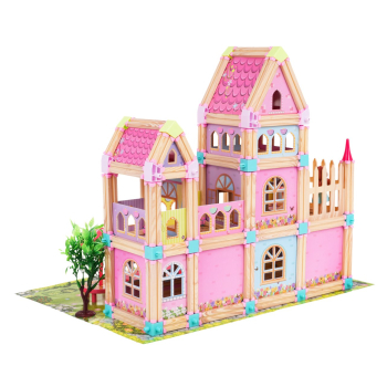 Drewniany Domek Księżniczek z Klocków 183 el. dla dzieci 3+ Elementy konstrukcyjne + 2 Figurki Księżniczek + Akcesoria